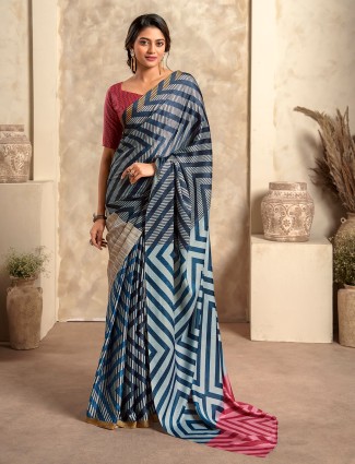 Blue soft satin silk printed saree