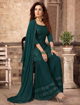 Buy Peplum Punjabi Style Suit - Dark Green Silk Embroidered Suit – Empress  Clothing