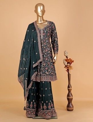 Bottle green silk embroidery palazzo suit