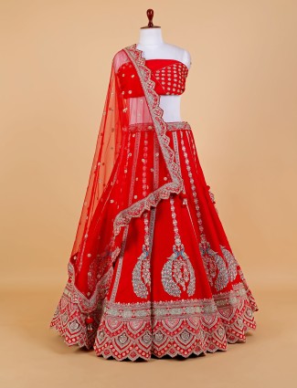 Bridal red raw silk unstitched lehenga choli