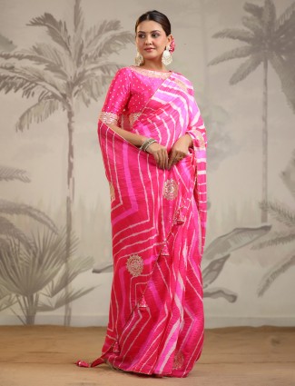 Bright pink silk zari weaving saree