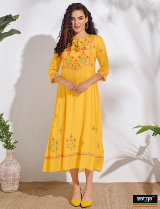 Bright yellow casual and festivals wear kurti in cotton