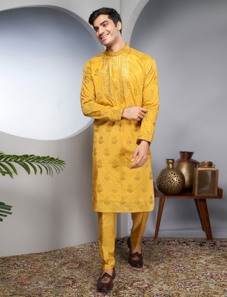 Bright yellow silk embroidery kurta suit