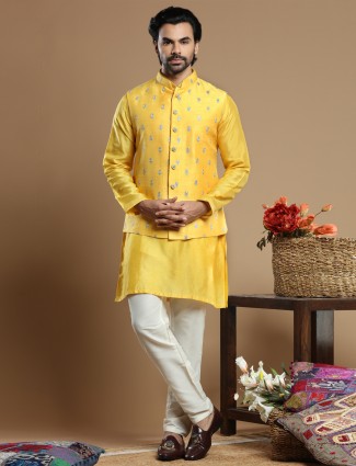 Bright yellow wedding cotton silk waistcoat set