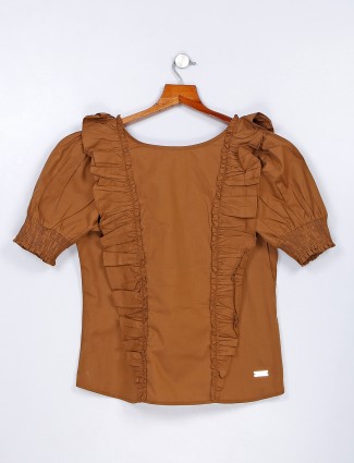 Brown cotton casual half sleeve top