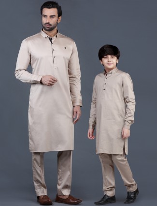Brown cotton solid father son pathani suit