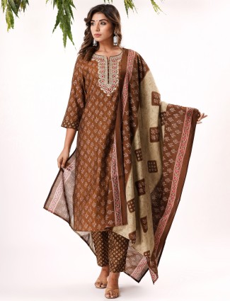 Brown silk printed kurti set for casual