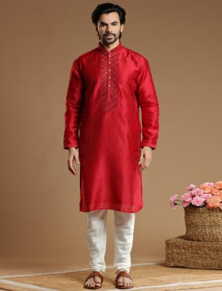 Candy red hued silk kurta suit for festivals