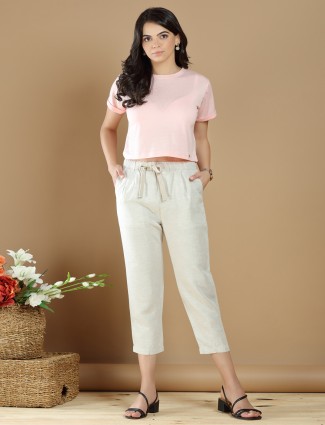casual wear cream hued cotton plain pant