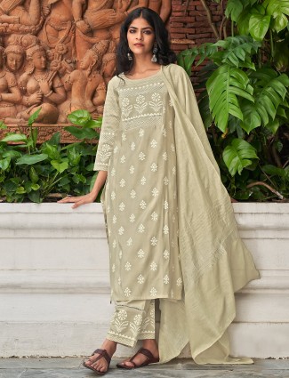 Casual wear printed punjabi beige cotton kurti set