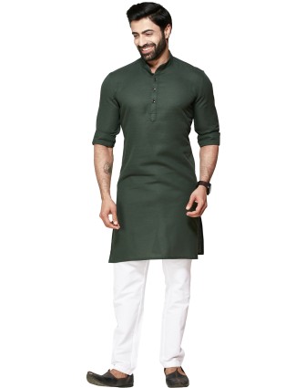Charming dark green plain cotton kurta suit