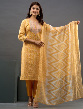 Buy Villa Clothing Yellow Cotton Embroidered Women Kurti with Palazzo and  Pink Chiffon Dupatta Set (Small) at Amazon.in