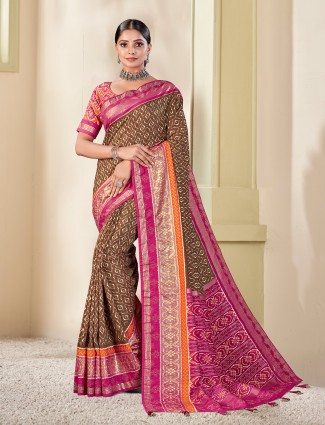 Chocolate brown charming patola silk wedding saree for women