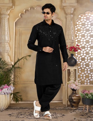 Classic black cotton pathani suit