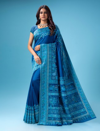 Blue pashmina silk kashmiri weaving saree