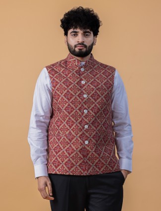 Classic maroon silk printed waistcoat