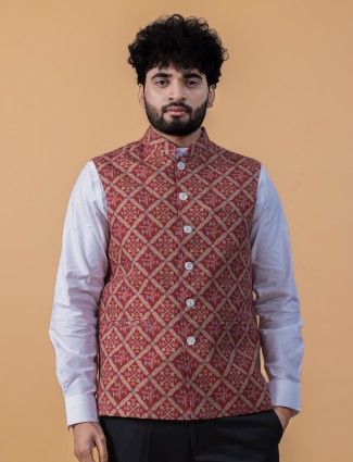 Classic maroon silk printed waistcoat