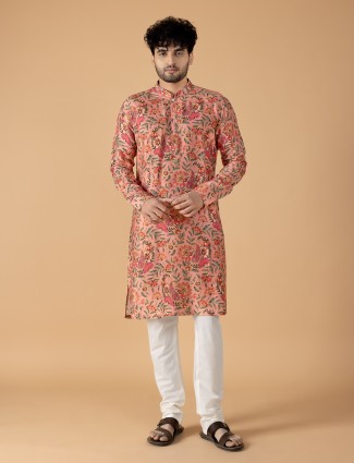 Classic peach printed kurta suit in cotton