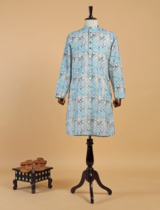 Classic printed cotton sky blue kurta suit