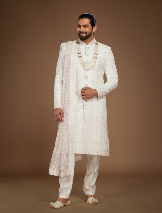 Classic white raw silk groom sherwani