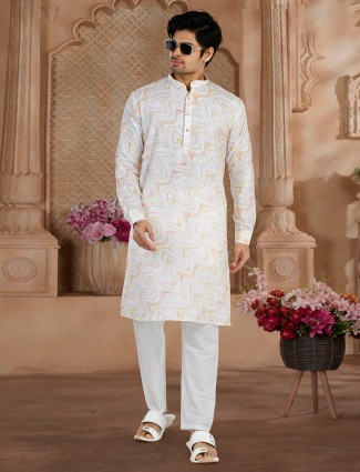 Classy cotton printed kurta suit in white