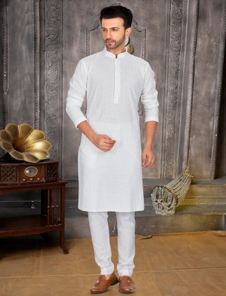 Classy cotton white festive kurta suit