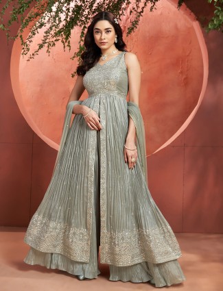 Classy grey front slit palazzo suit in silk