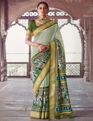 Classy mehendi green patola silk wedding events saree for women