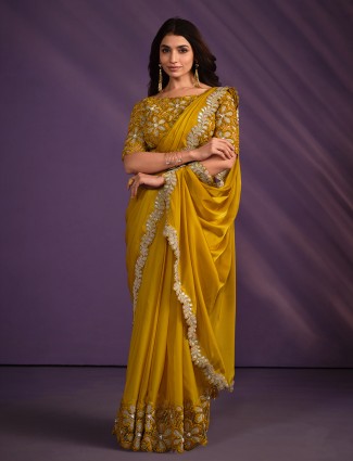Classy mustard yellow pre-drape saree