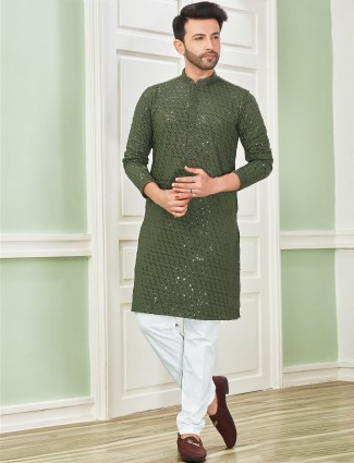 Moss green cotton embroidery kurta suit