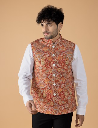Classy orange silk printed waistcoat