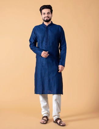 Classy plain dark blue linen kurta suit