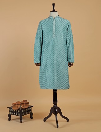 Classy printed rama green silk kurta suit