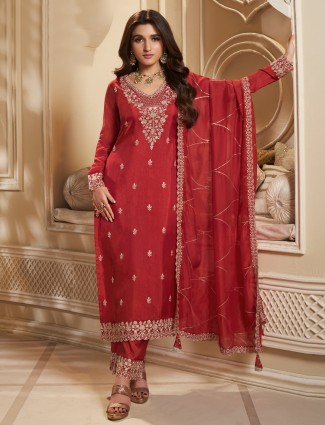 Classy red silk salwar suit with dupatta