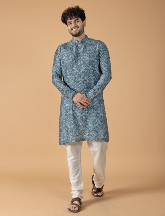 Classy teal blue printed kurta suit