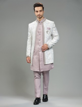 Classy white and purple silk indowestern