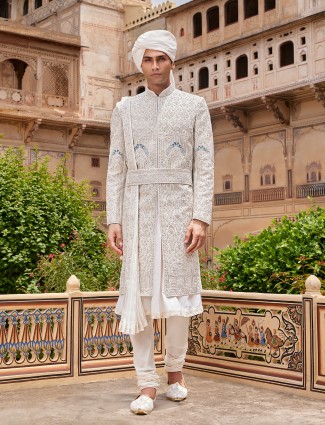 Classy white silk sherwani