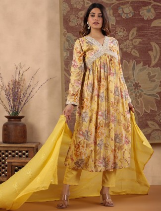 Classy yellow cotton printed kurti set