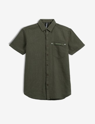 COPPER STONE olive cotton plain shirt