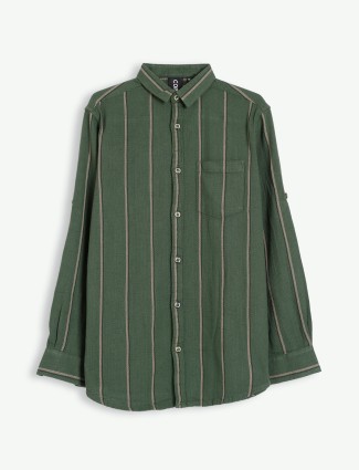 Copperstone knitted stripe shirt in sage green
