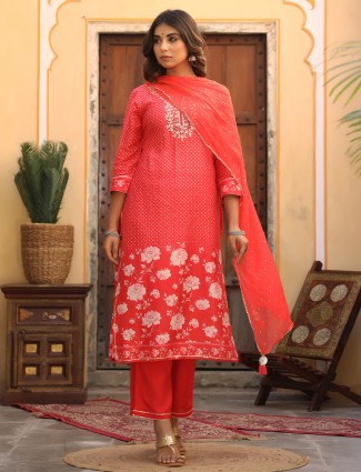Coral pink cotton punjabi style festive wear pant set