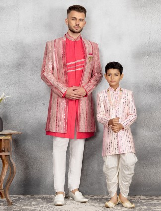 Coral pink silk father and son indowestern