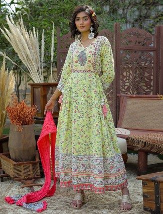 Cotton anarkali style festive wear kurti for women in lime green