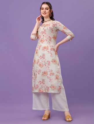Linen casual wear printed cream kurti