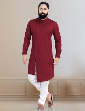 Cotton festive wear maroon kurta for men
