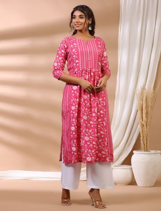 Cotton hot pink casual printed long kurti