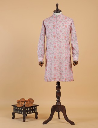 Cotton light pink floral printed kurta suit