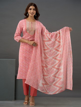 Cotton pink printed straight kurti set