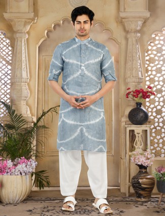 Cotton printed grey pathani suit