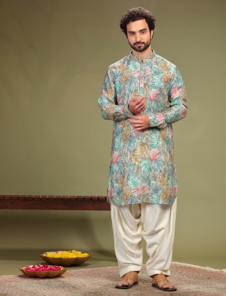 Cotton silk grey and blue printed kurta suit